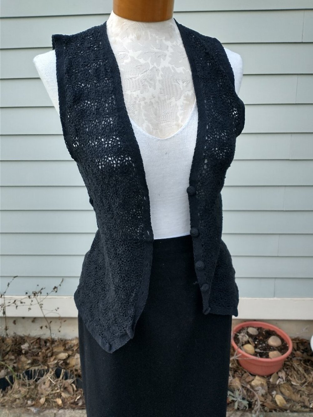 Vest: Black cotton/rayon with crocheted front. Size small - by DKNY